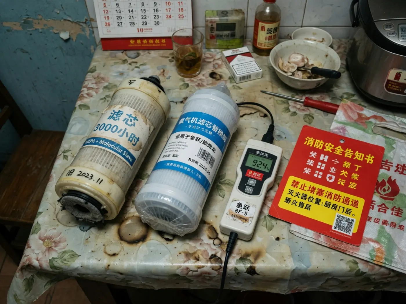旧滤芯与新滤芯、浓度仪和红色消防告知卡放在厨房桌上