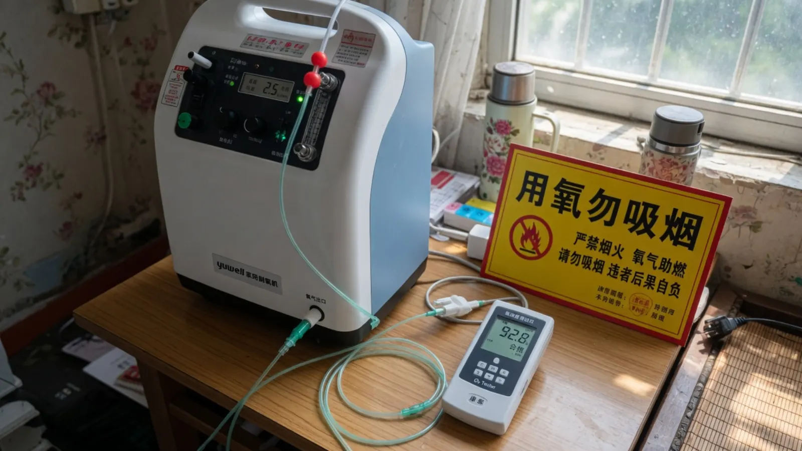 家用制氧机、浓度仪和用氧勿吸烟的黄底警示牌放在窗边桌上