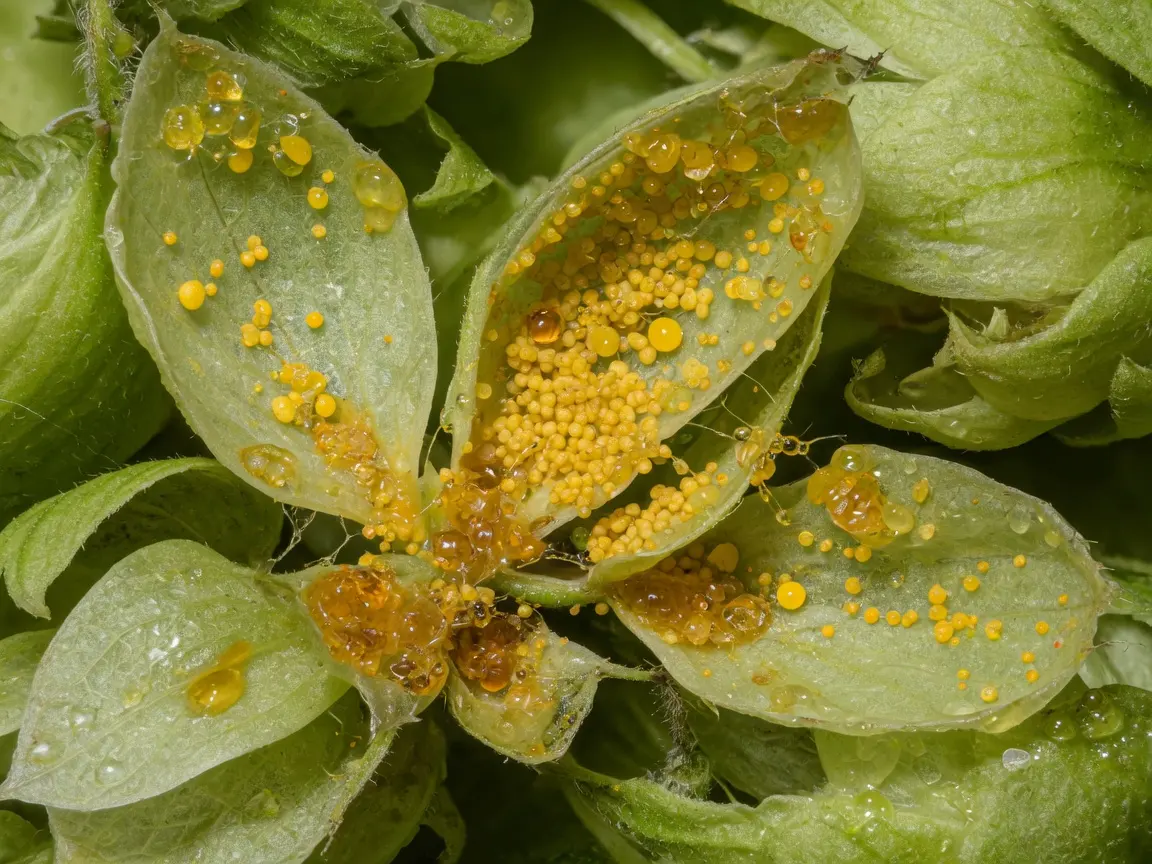 切开的酒花球果露出金黄 lupulin