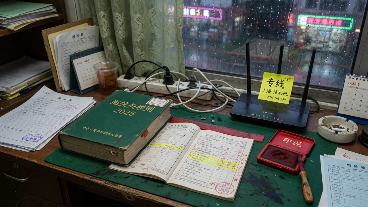 关务桌上的税则本、朱红印泥与工业路由器样机