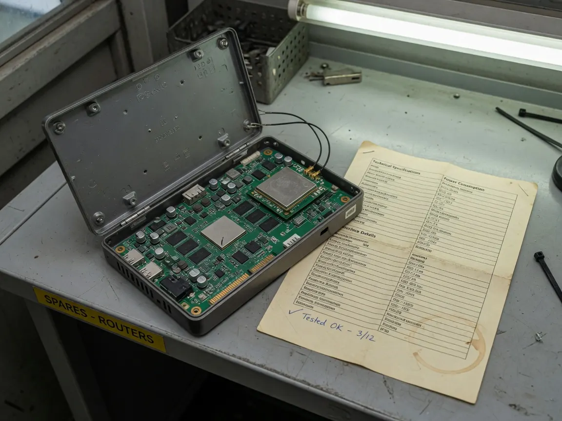 打开金属壳的工业路由器，可见 PCB 与射频模组