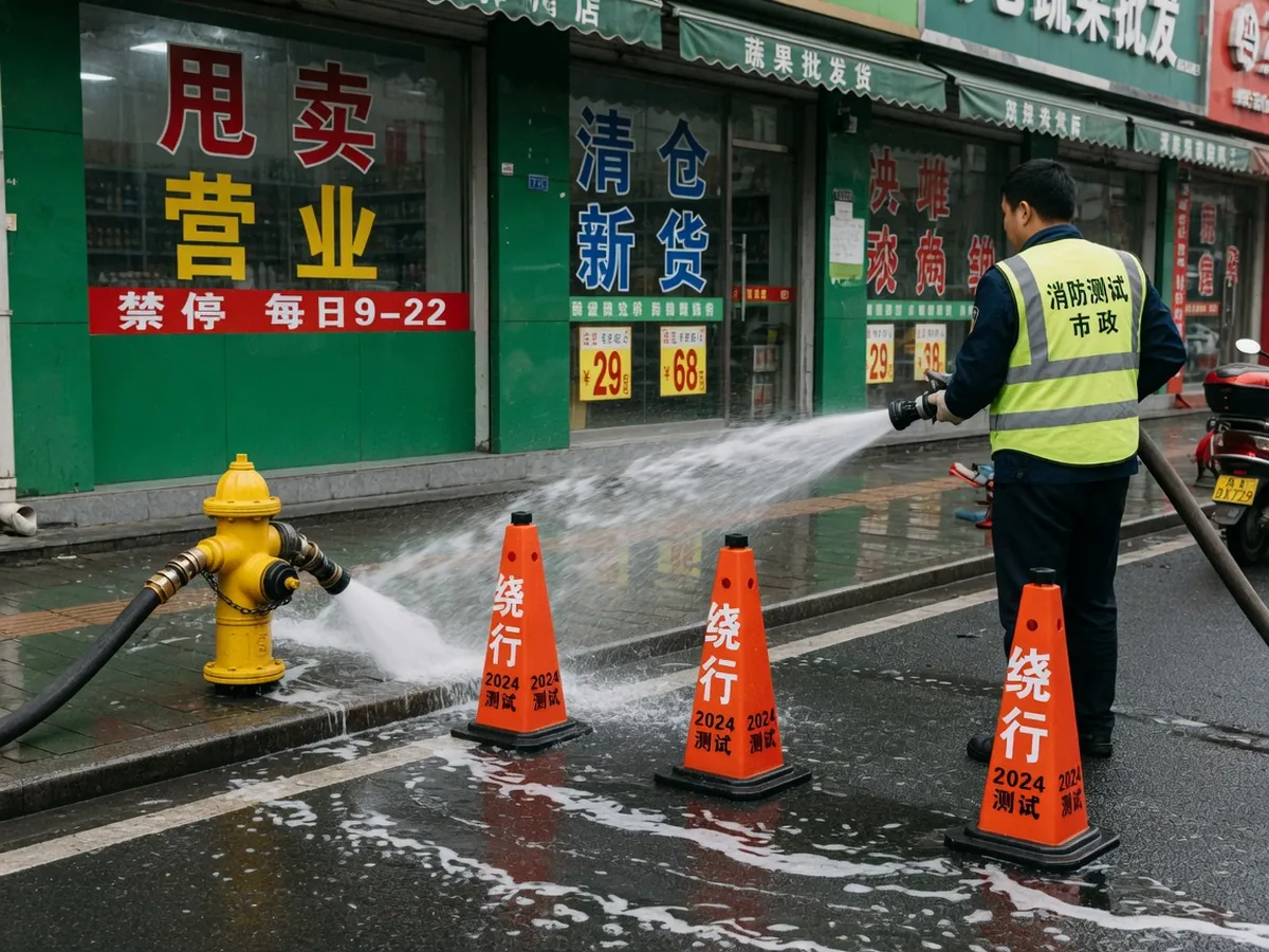 测试排水用软管引开店铺门口，锥桶占道