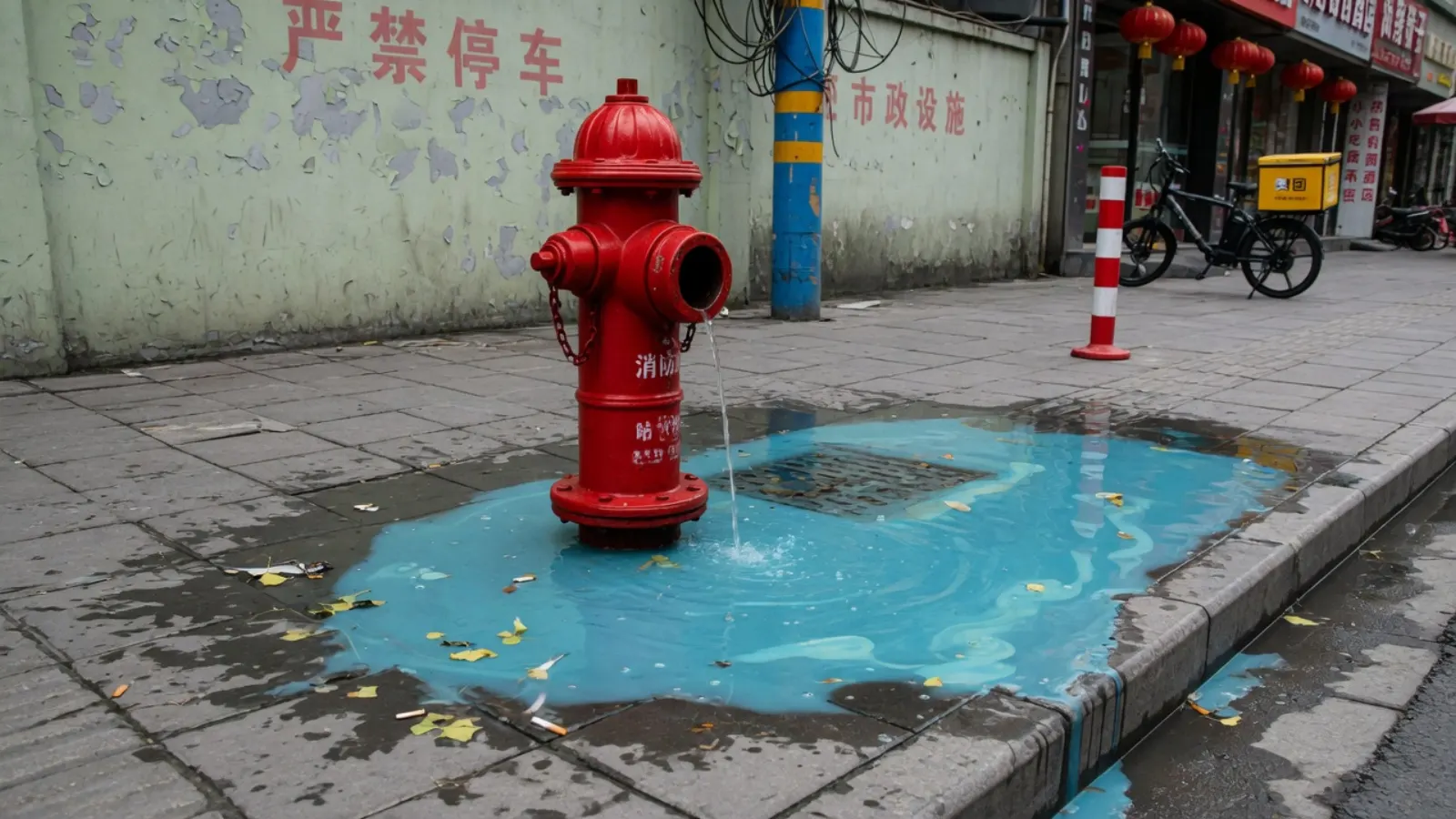 市政人行道上的消火栓，测试后地面有一滩水