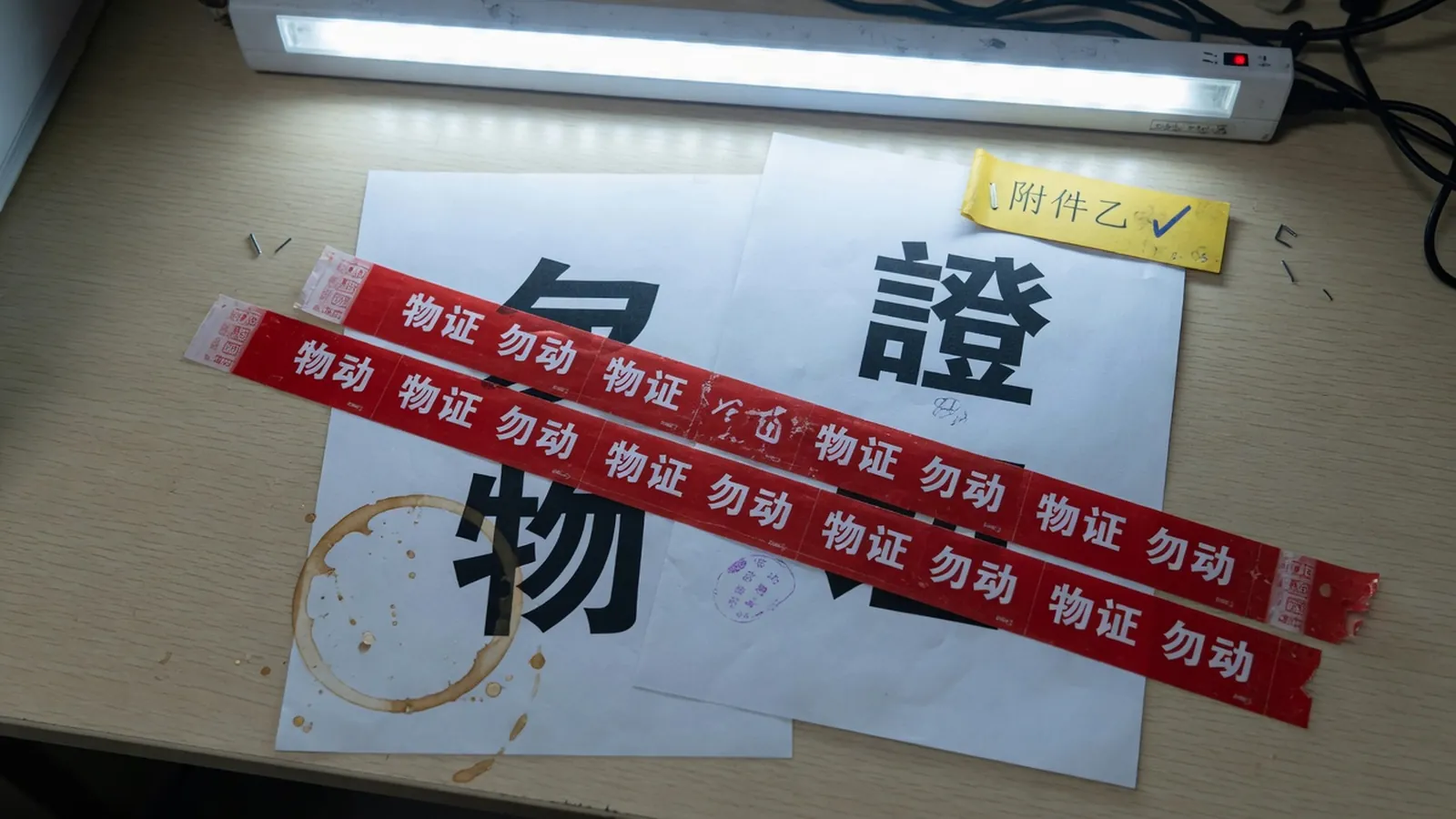 邮件和 PDF 上用红色物证胶带隔离出一段文字