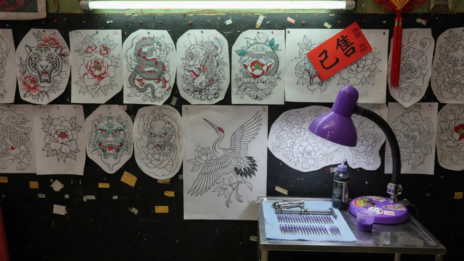 工作室墙上的孤品闪图，其中一张贴着已售签