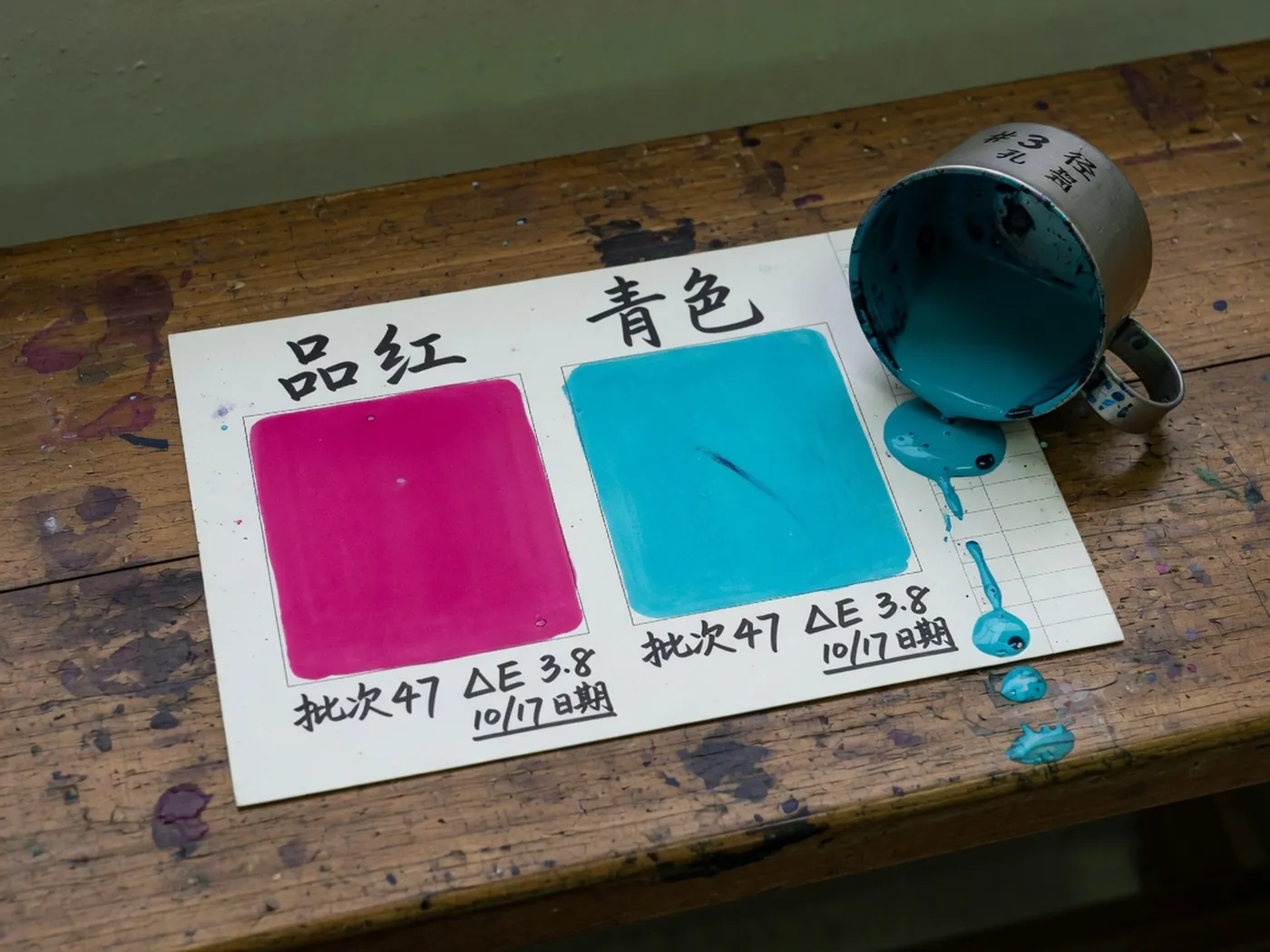 刮样卡上的品红与青色块旁放着坦杯粘度杯