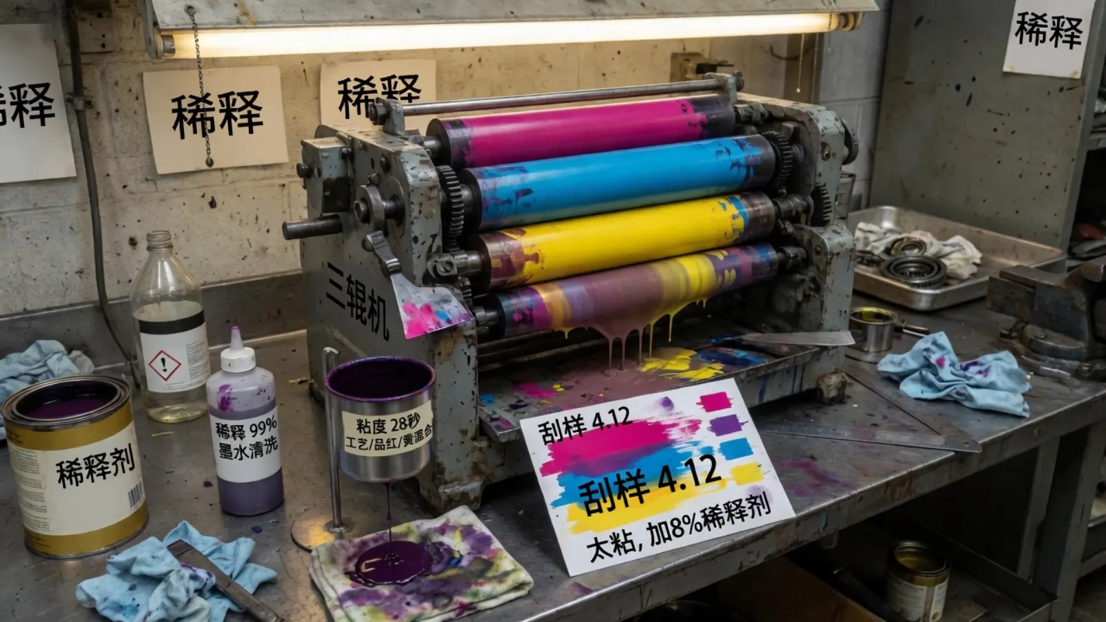 三辊研磨机上的品红青黄墨带、坦杯粘度与刮样卡
