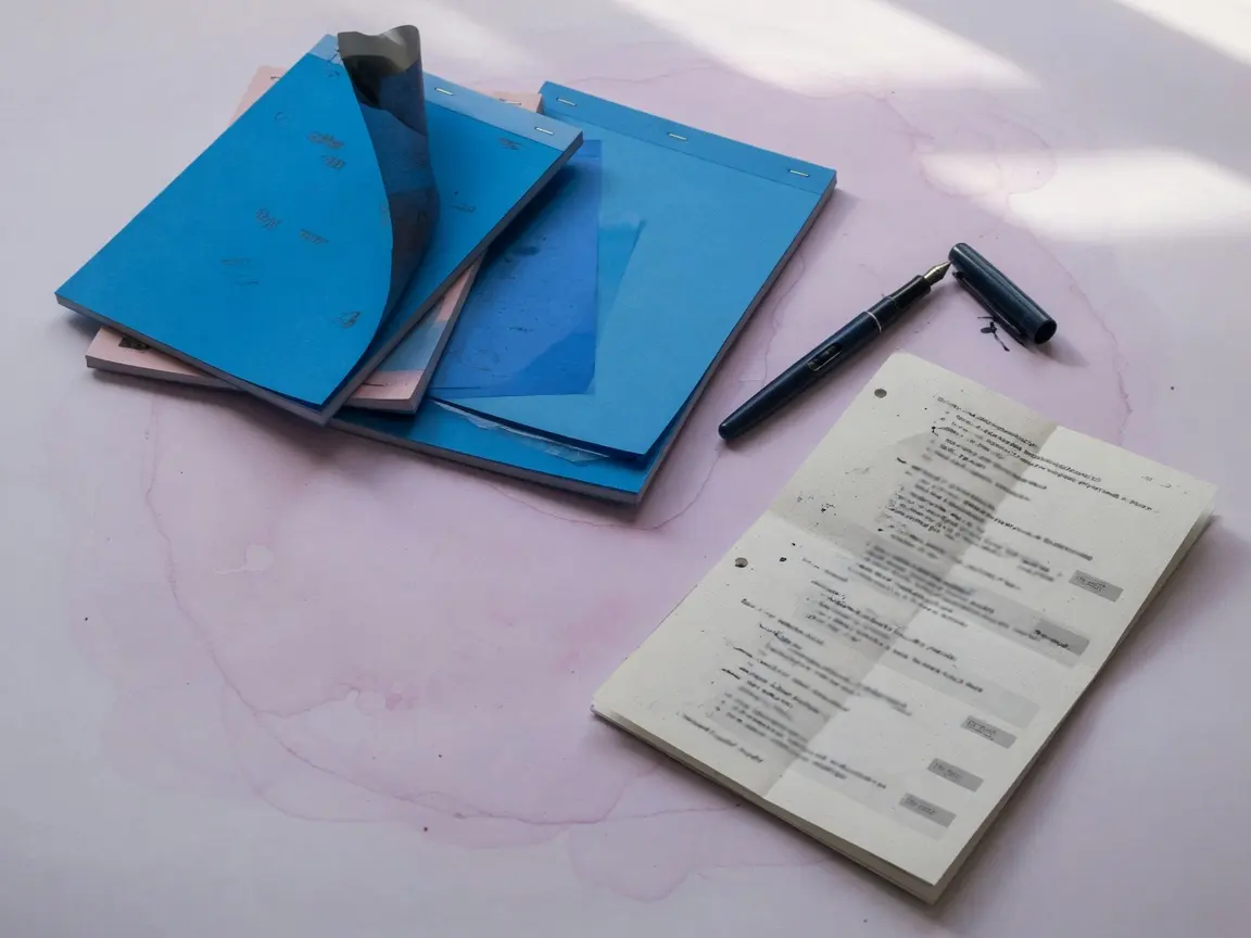 蓝色复写发票本与钢笔，旁边是折叠的会话打印件
