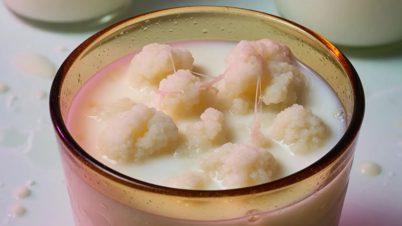 乳白开菲尔粒如珊瑚沉在奶液中，粉红菌膜