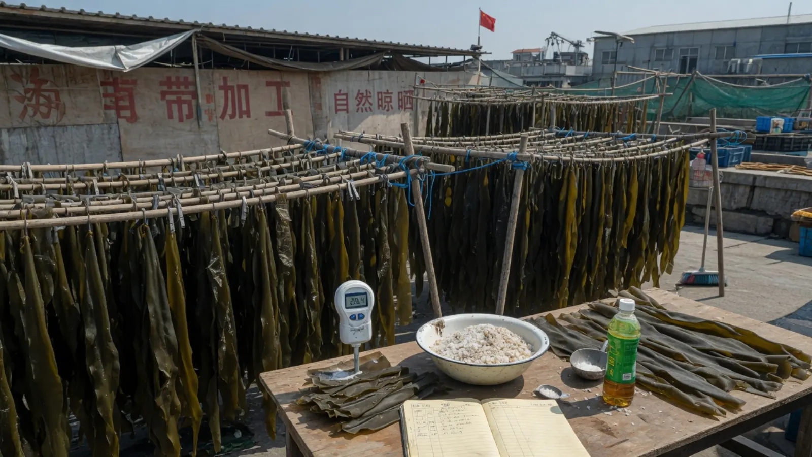 海边竹架上悬挂的海带、水分仪和写着自然晾晒的墙