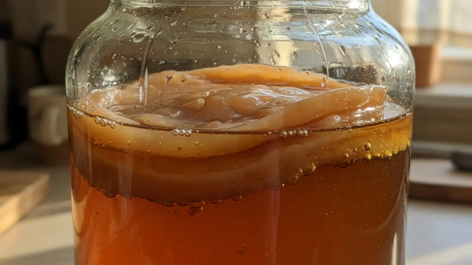 玻璃缸液面上浮着半透明 SCOBY 菌膜，茶液呈琥珀褐