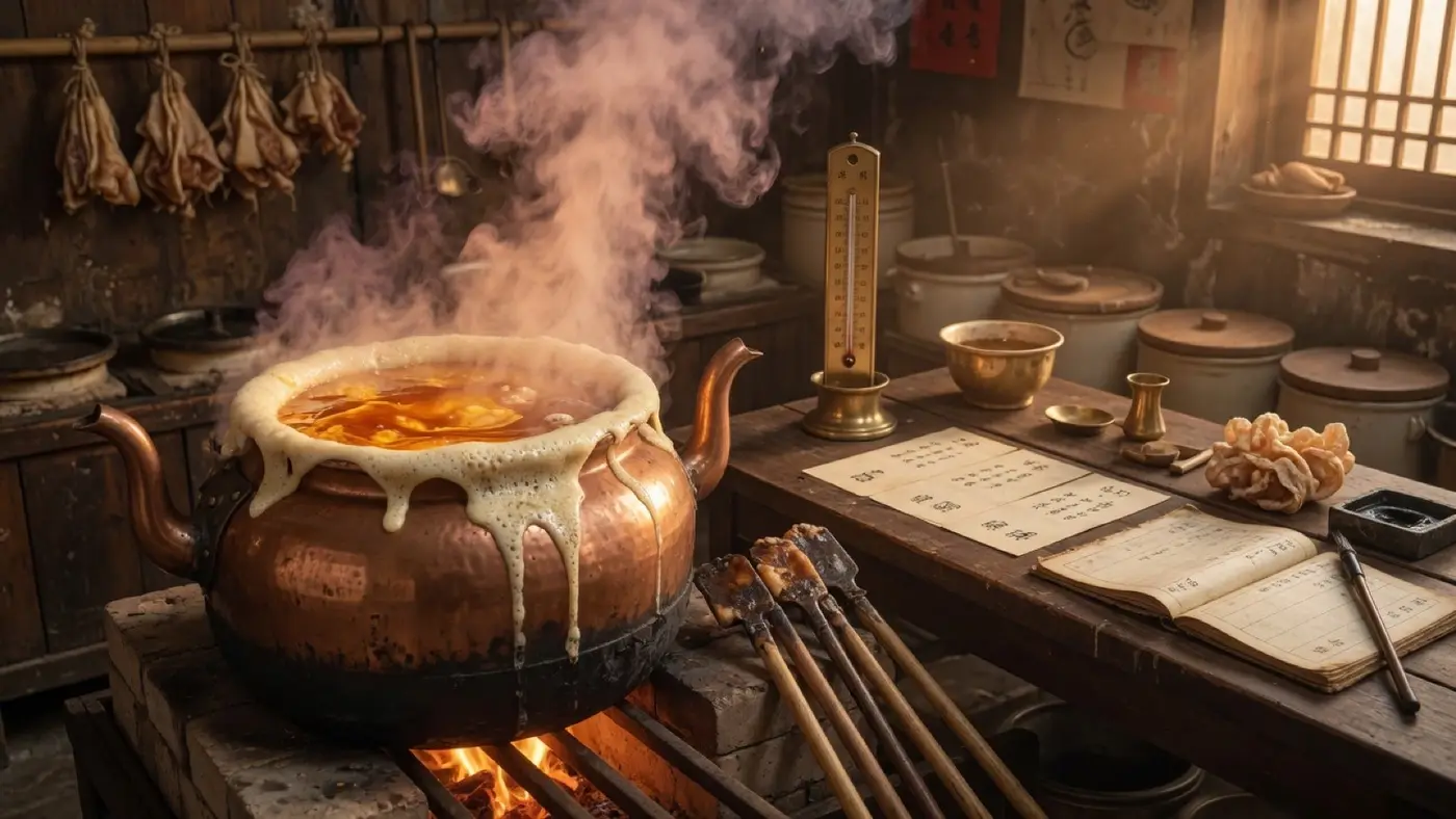 铜锅脂坊：窑火上的锤纹铜锅里是液态琥珀般的板油，旁边摊着工艺卡与账本