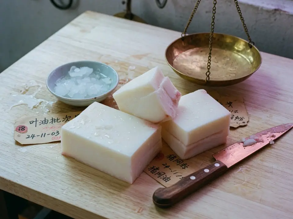 木案上的乳白板油块、铜秤与批次纸签
