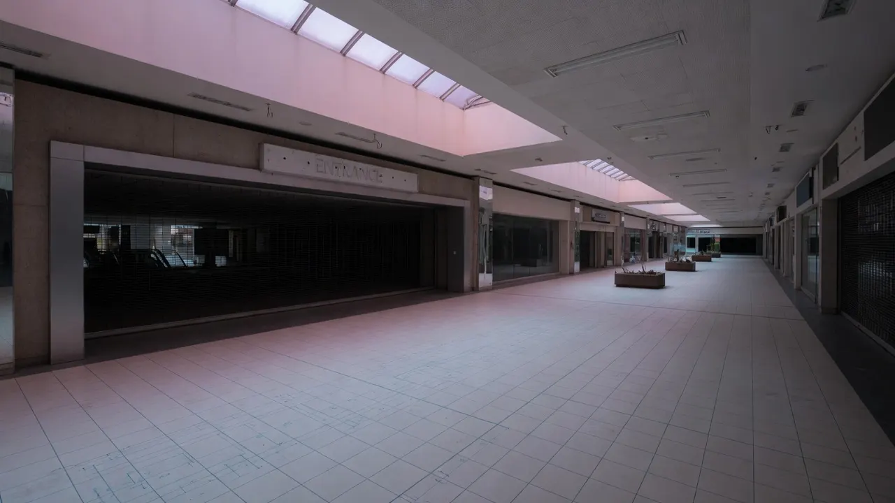 黄昏商场走廊与空着的主力铺