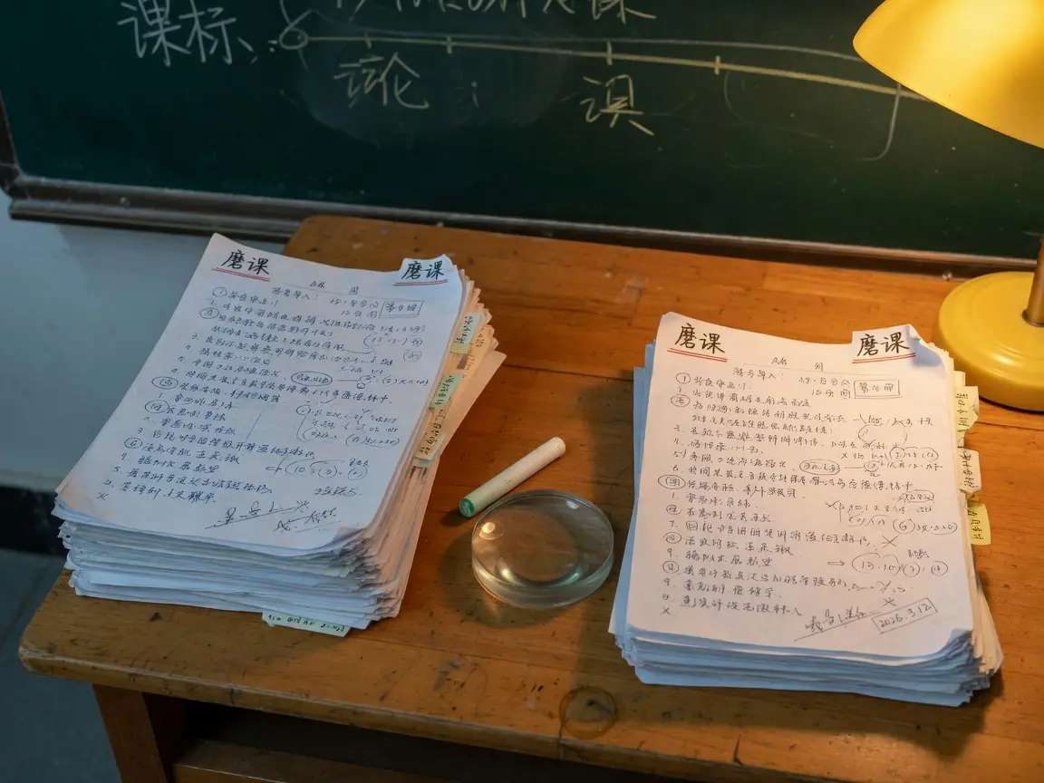 教师桌上两叠磨课教案和一块放大镜