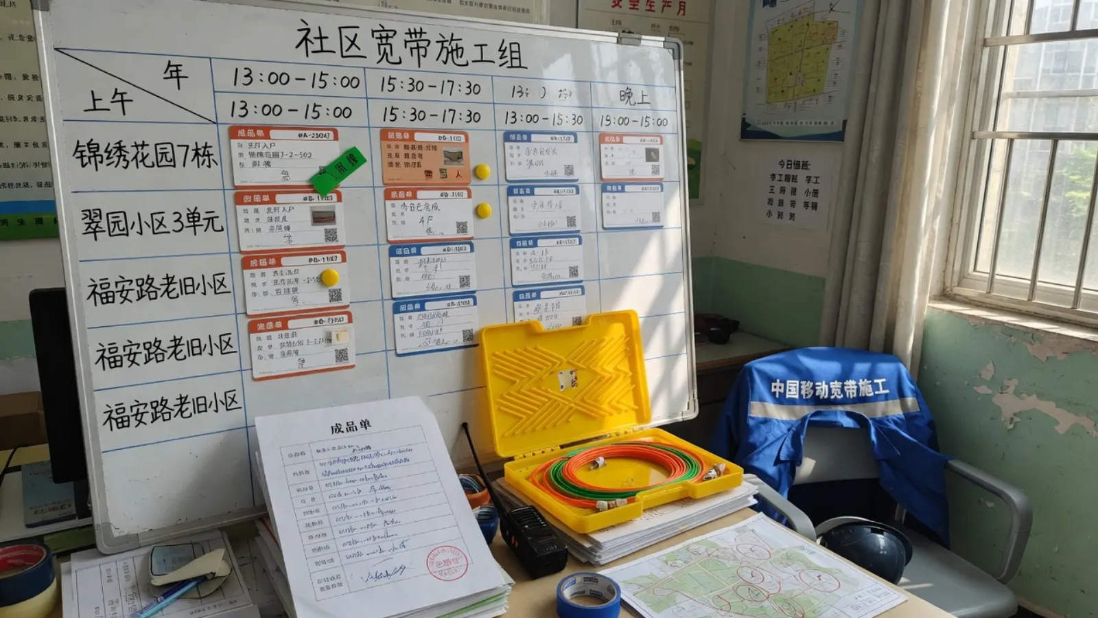 社区宽带施工组白板：时段列、磁贴工单、成品单和黄盒熔纤盘