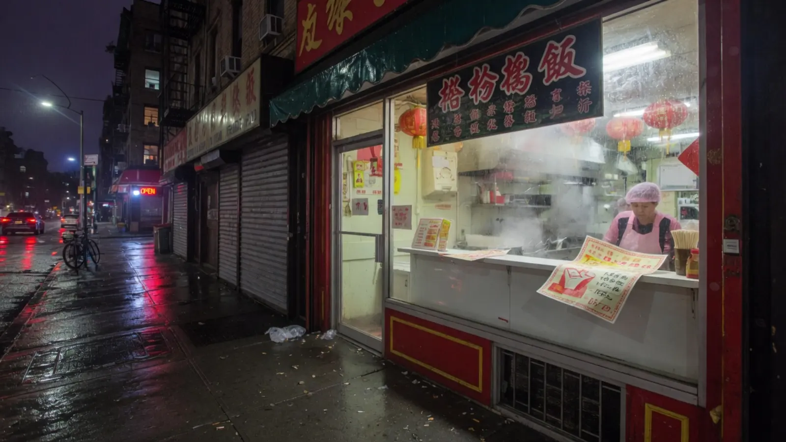雨夜街边店与柜台上的纸质卡券