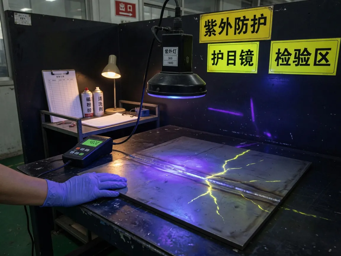 黑光灯与强度计对着钢件上的荧光指示