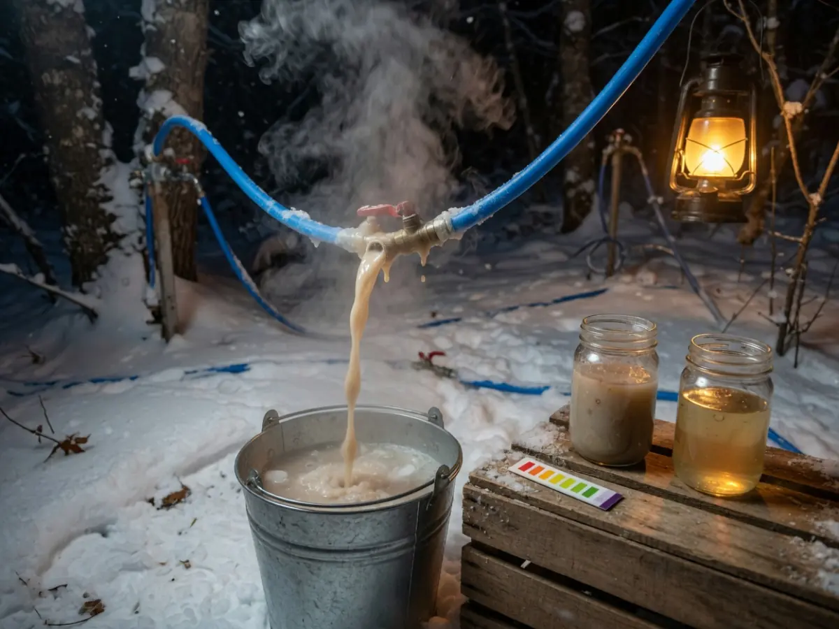 糖棚外的集液桶与隔夜排空阀，雪地上有未排标记