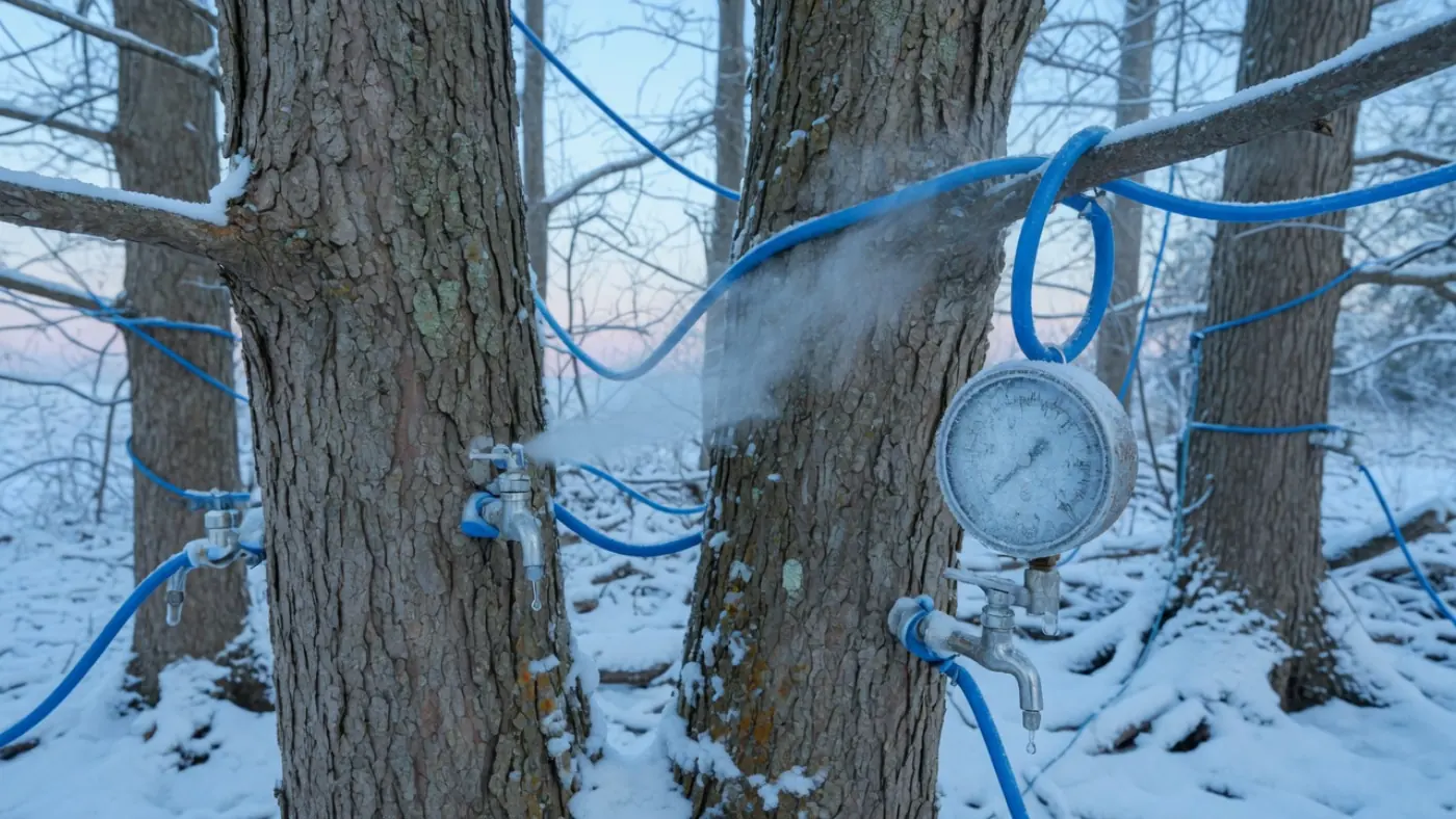 雪地里的树液管网与真空表，接头处有霜