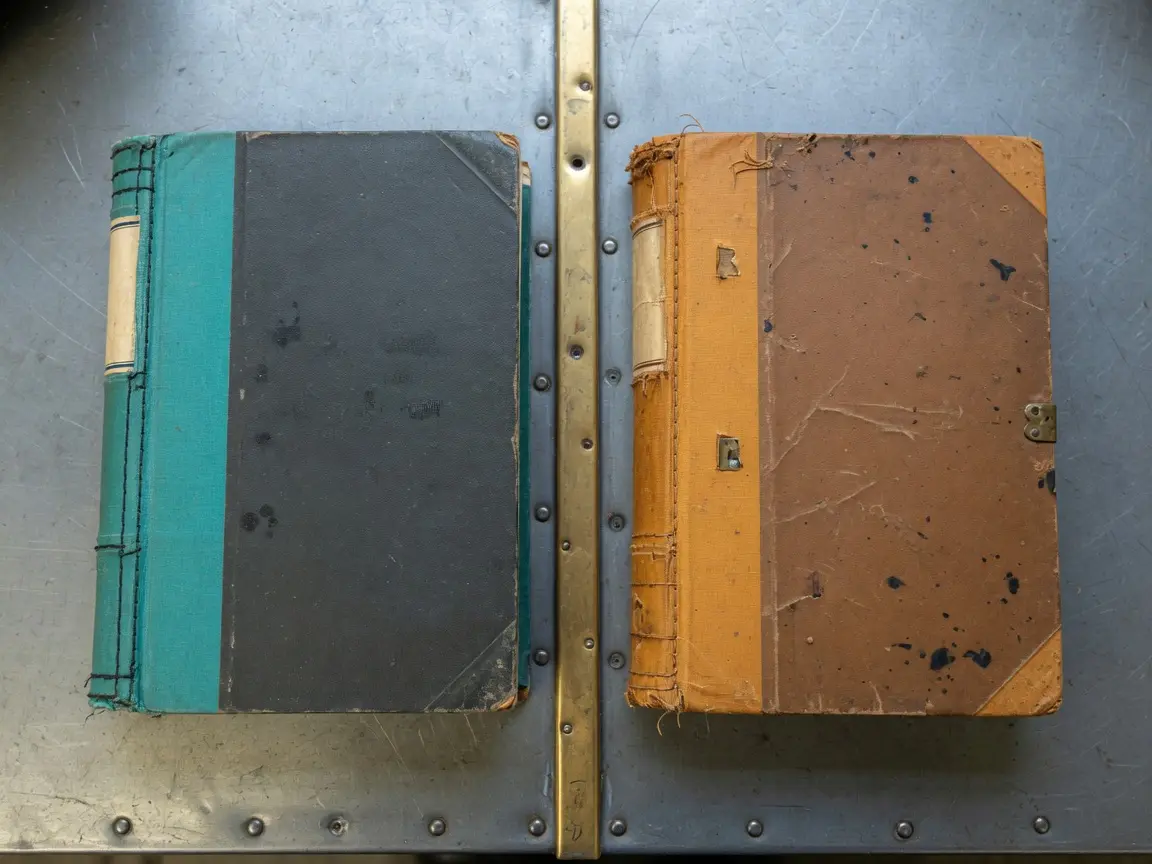 钢台上两本分簿，中间铜尺隔开