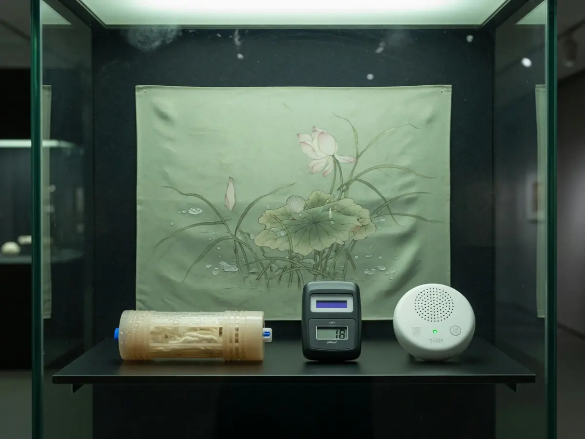 展柜内荷花绢本前的恒湿匣、温湿度计与传感器