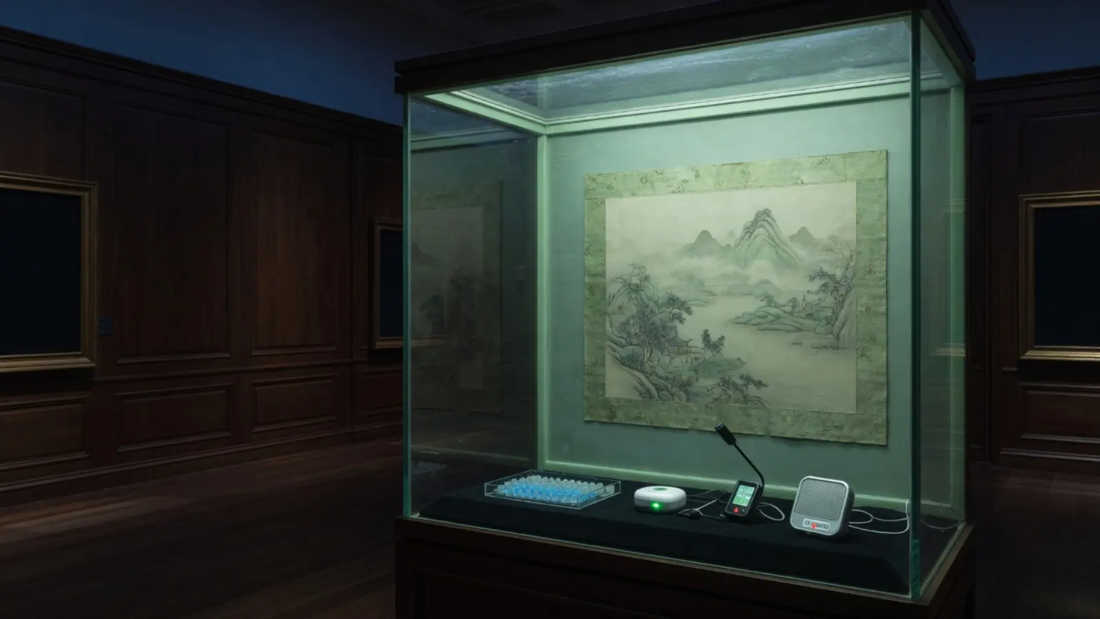 暗展厅中一座发青瓷微光的玻璃展柜，柜内是绢本山水与温湿度传感器