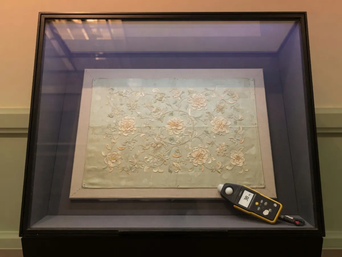 低照度展柜中的丝绣与柜沿上的照度计