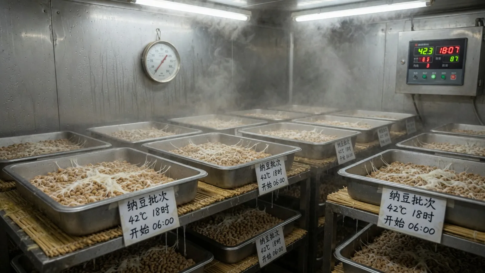 培养箱里铺着稻草垫的纳豆托盘，部分已拉出黏丝
