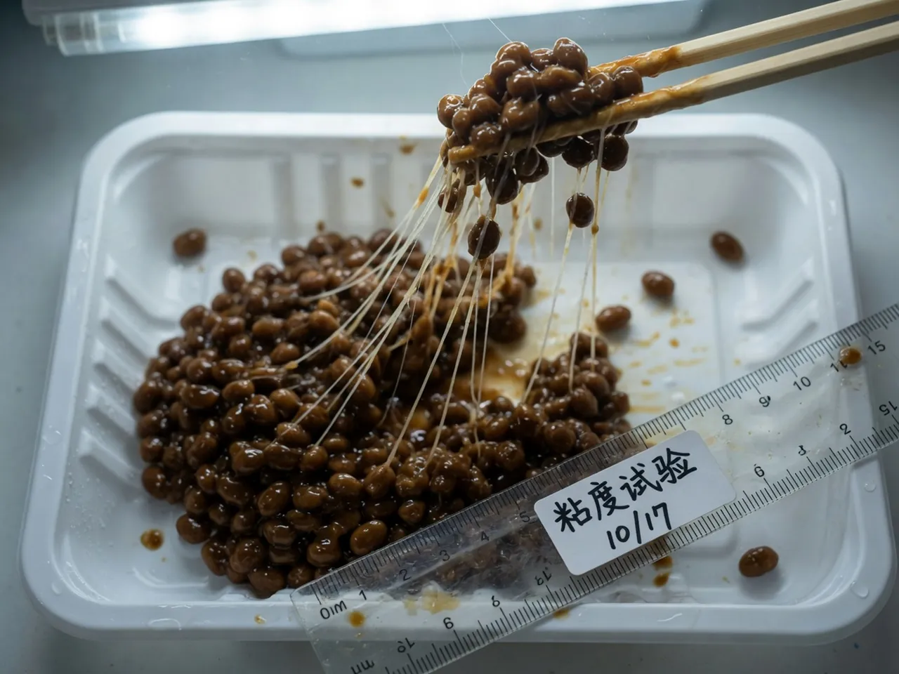 筷子拉起纳豆黏丝，托盘旁放着标尺