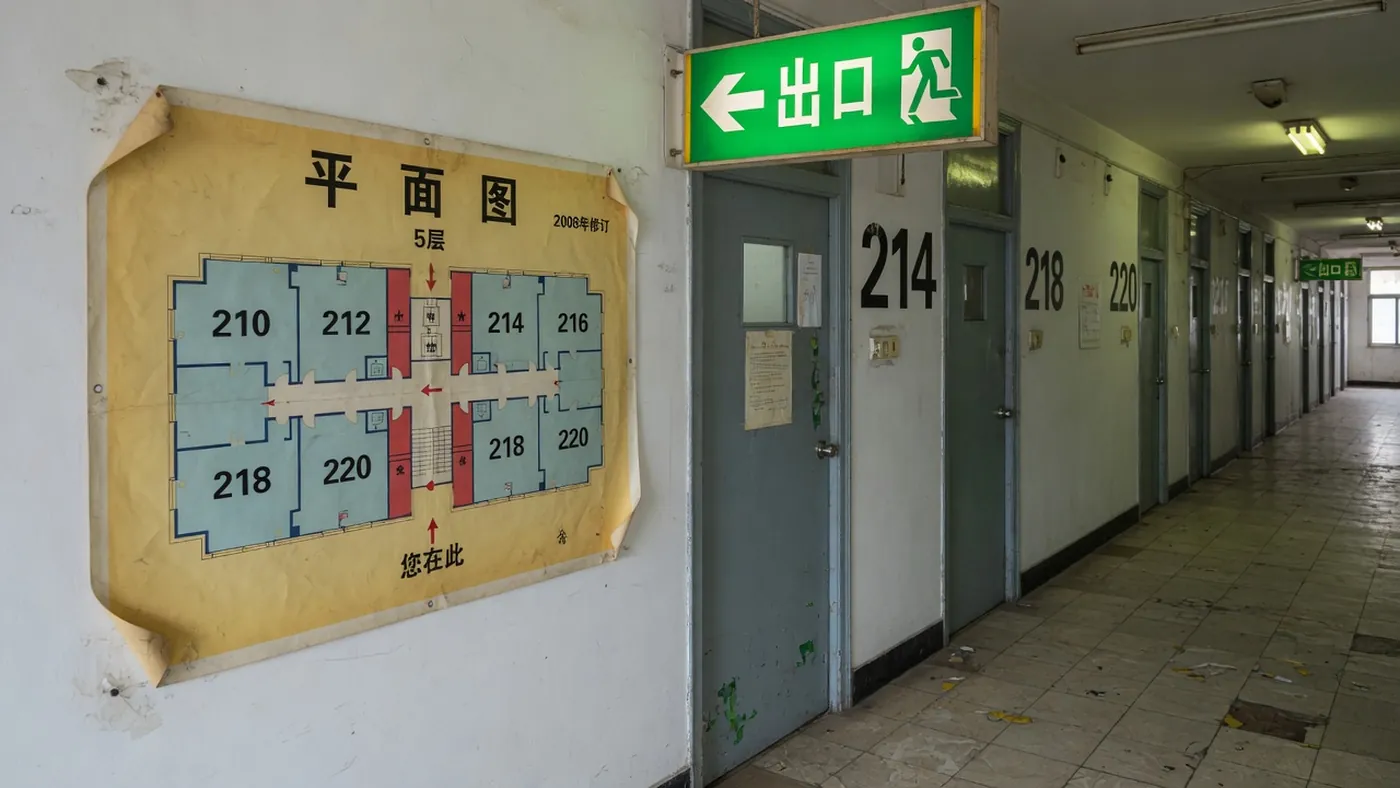 机关走廊：编号房门与墙上的楼层平面图