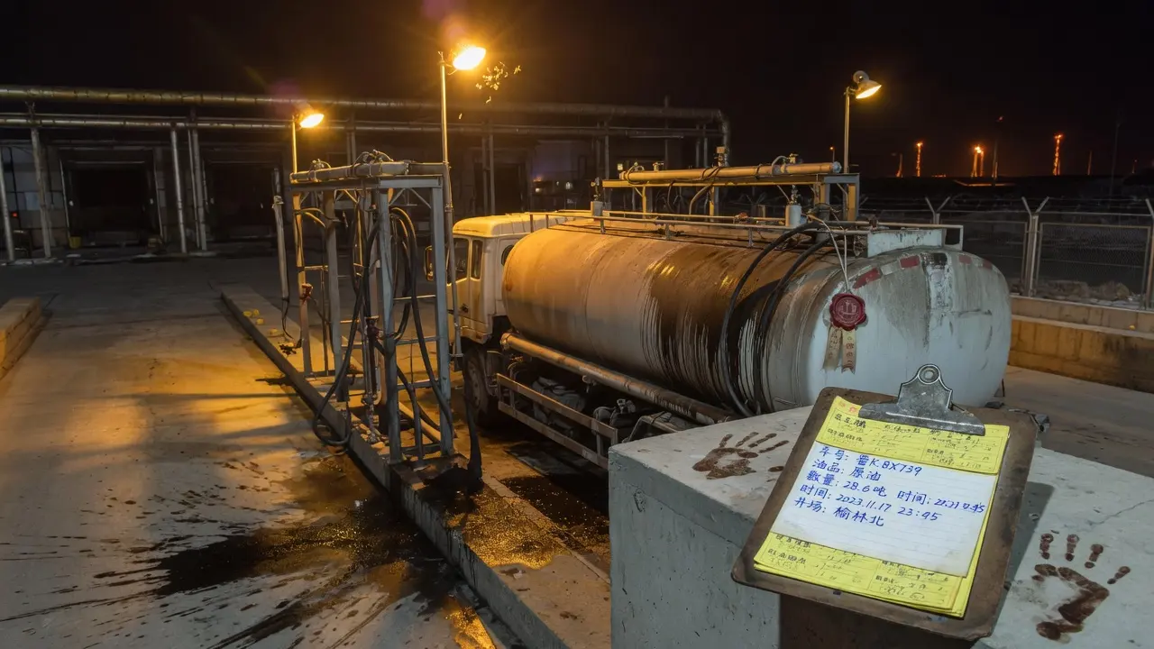 拉油点夜装，油票夹在混凝土台上，罐车已施封
