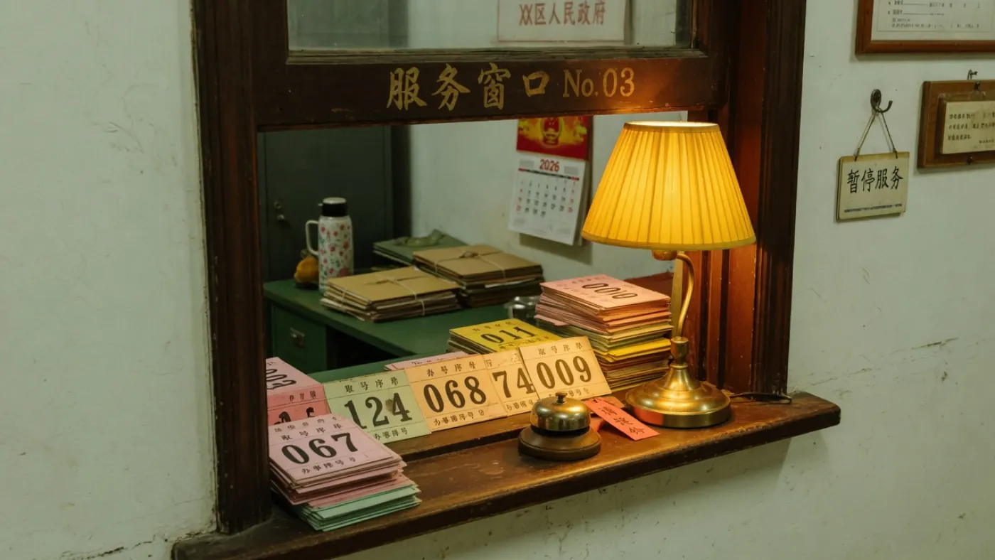 机关传达室木窗：号牌、铜铃与暖黄台灯