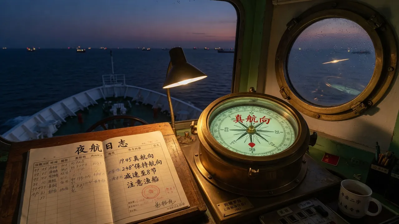 夜航值班室：方位环、值班日志与舷窗外的海