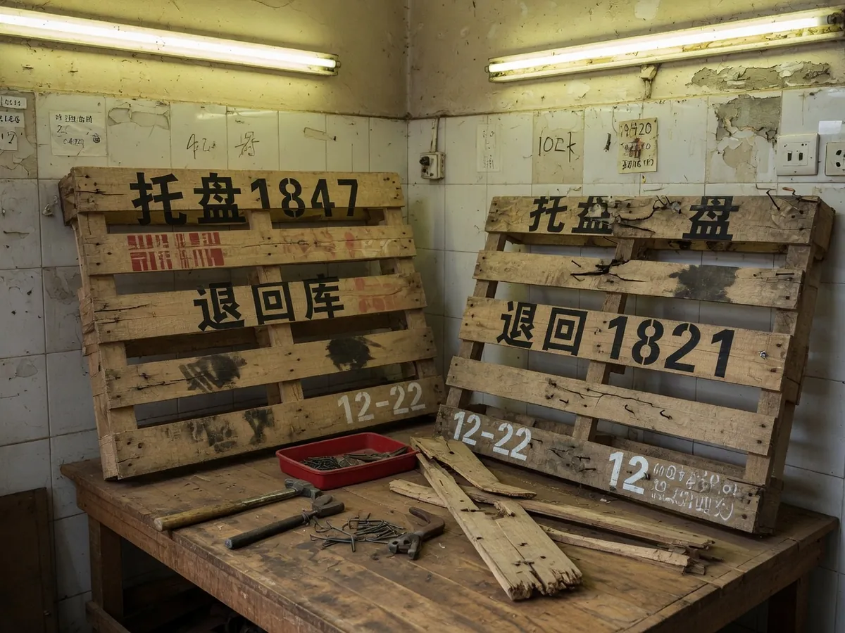 维修台：断梁、换板、钉子与待修托盘靠墙