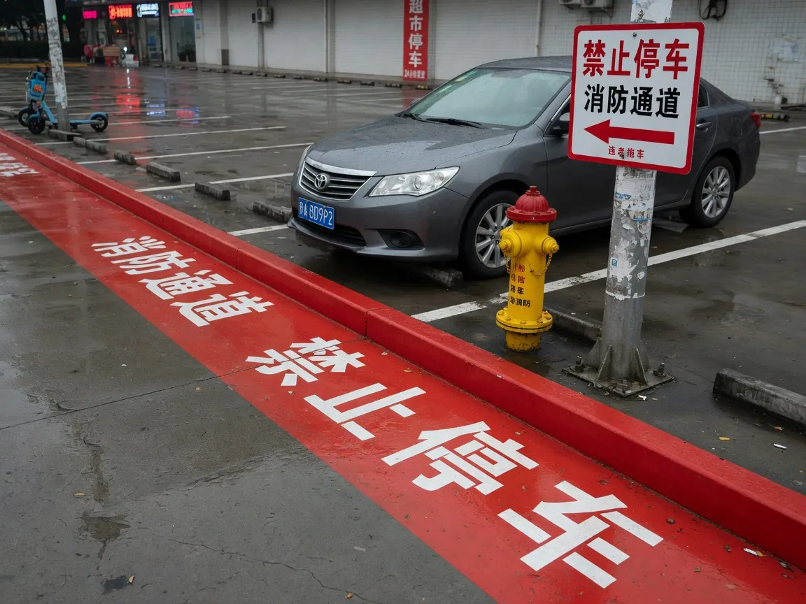 车辆压在红色消防通道路缘上，旁有消火栓