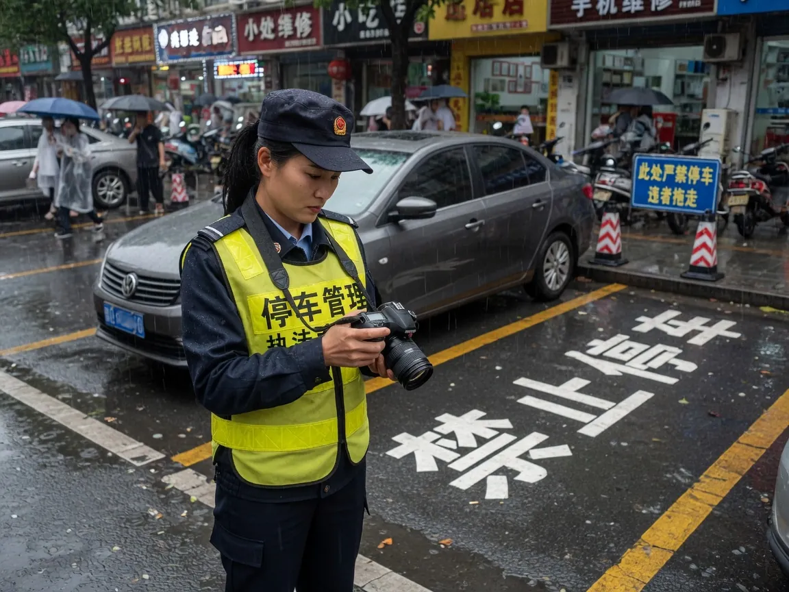 巡检员在黄线禁停路段核对车牌并补拍离场