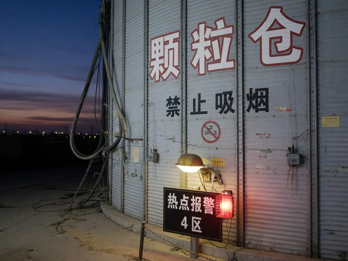 夜色中的成品仓，热点指示灯亮着