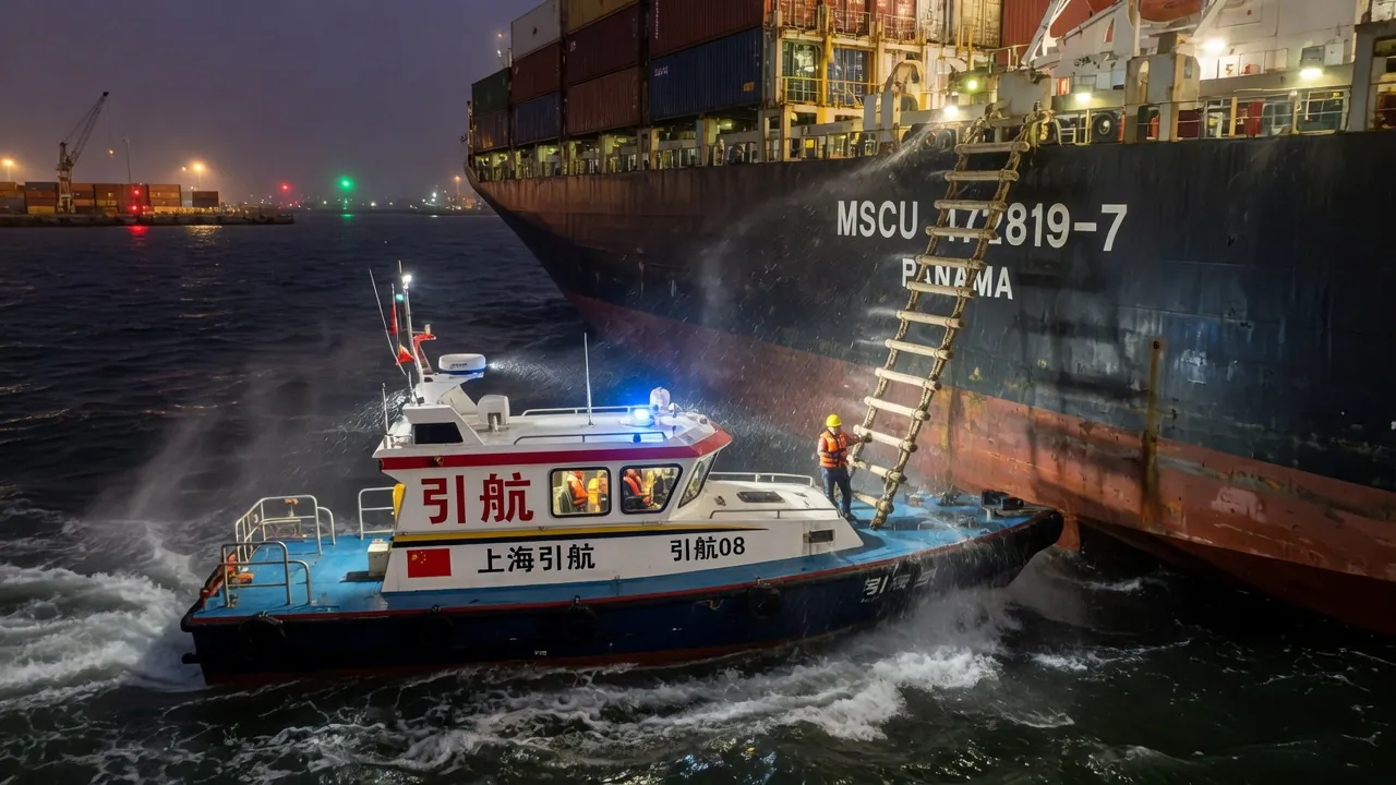 夜港：引航艇靠上外轮船舷，挂梯下端被涌浪抽打