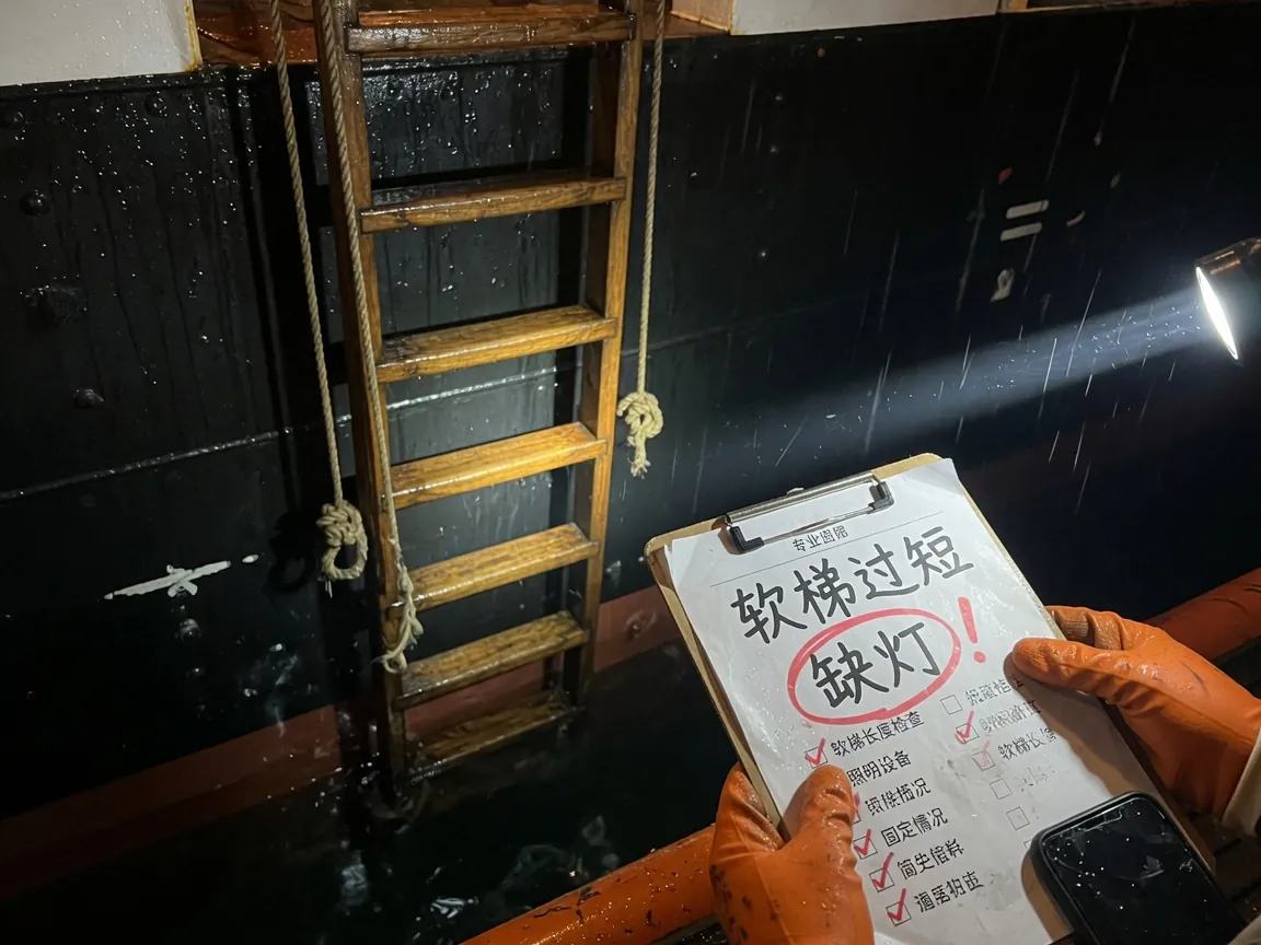 艇甲板上看挂梯：木踏板、橙绳、手套拿着缺陷检查单