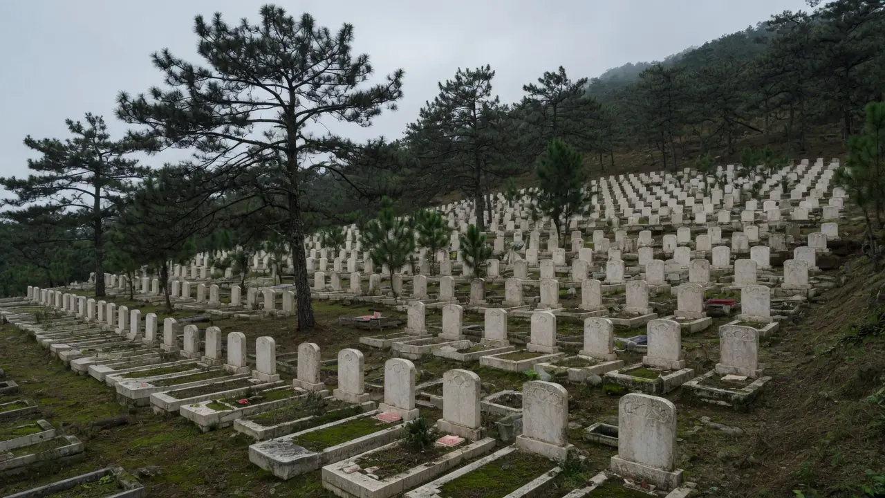 松林陵园：穴位沿山坡成格，青石灰与苔藓