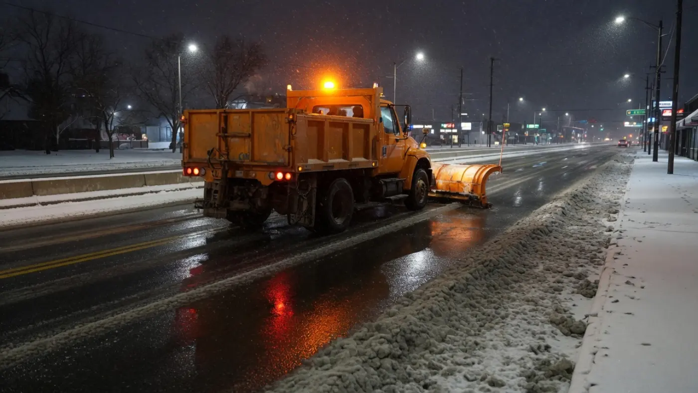 夜间橙色铲雪车把主干道铲出黑色见底的车道