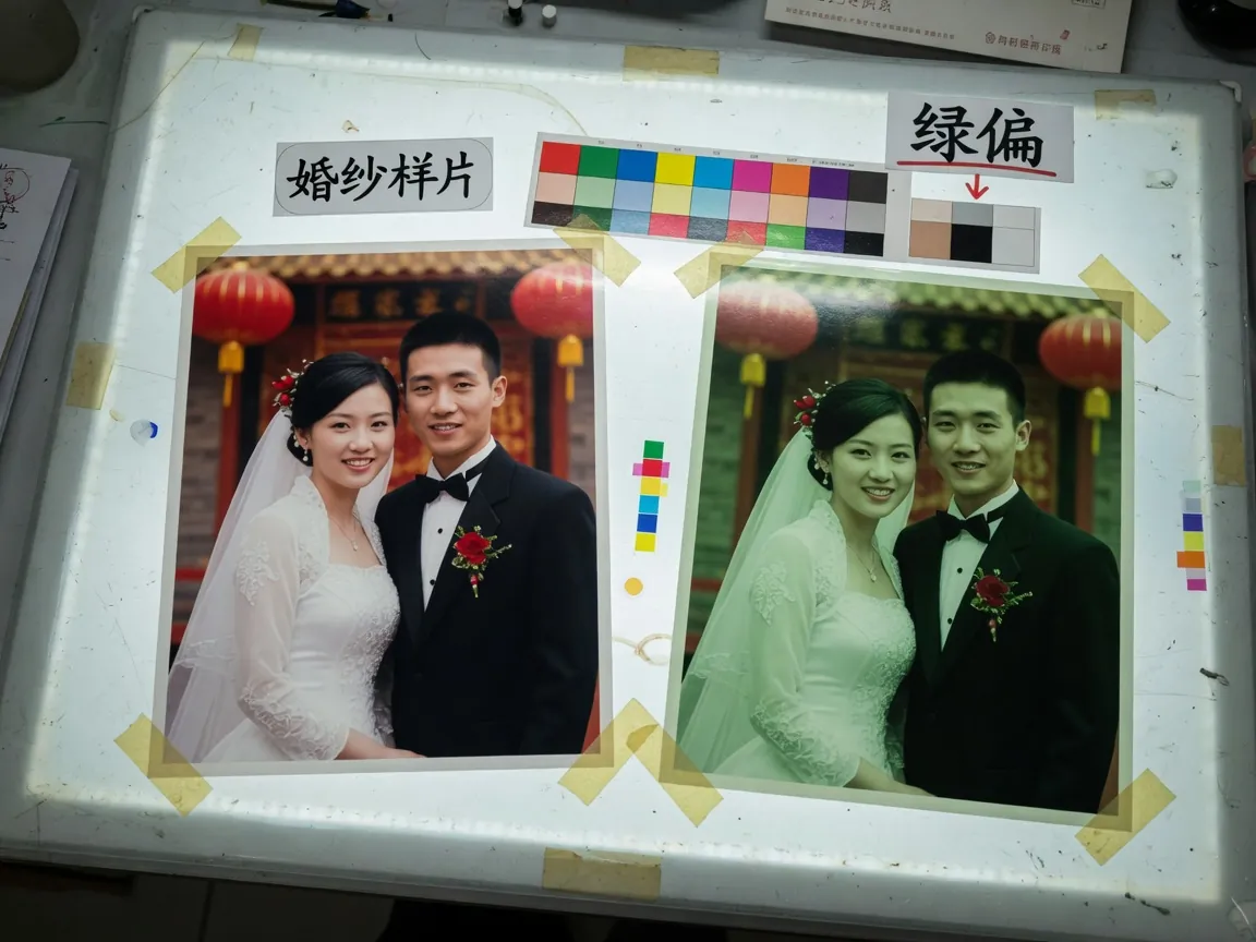 灯箱上左右对照：正确婚礼照与偏绿的同一张