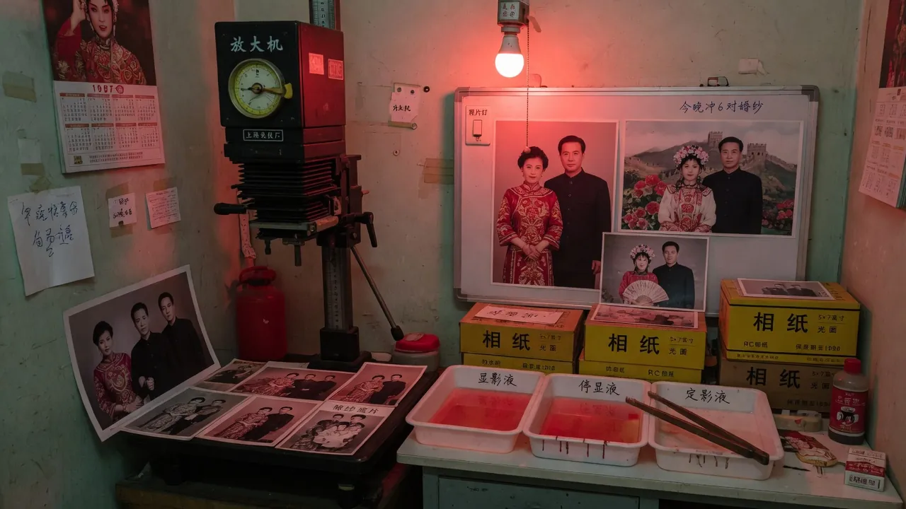 暗房安全灯下的放大机、药盘与灯箱