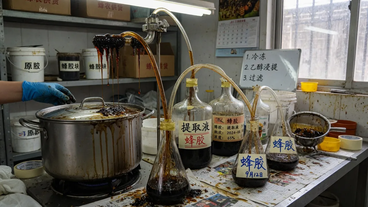 不锈钢提取釜与琥珀色蜂胶浸膏