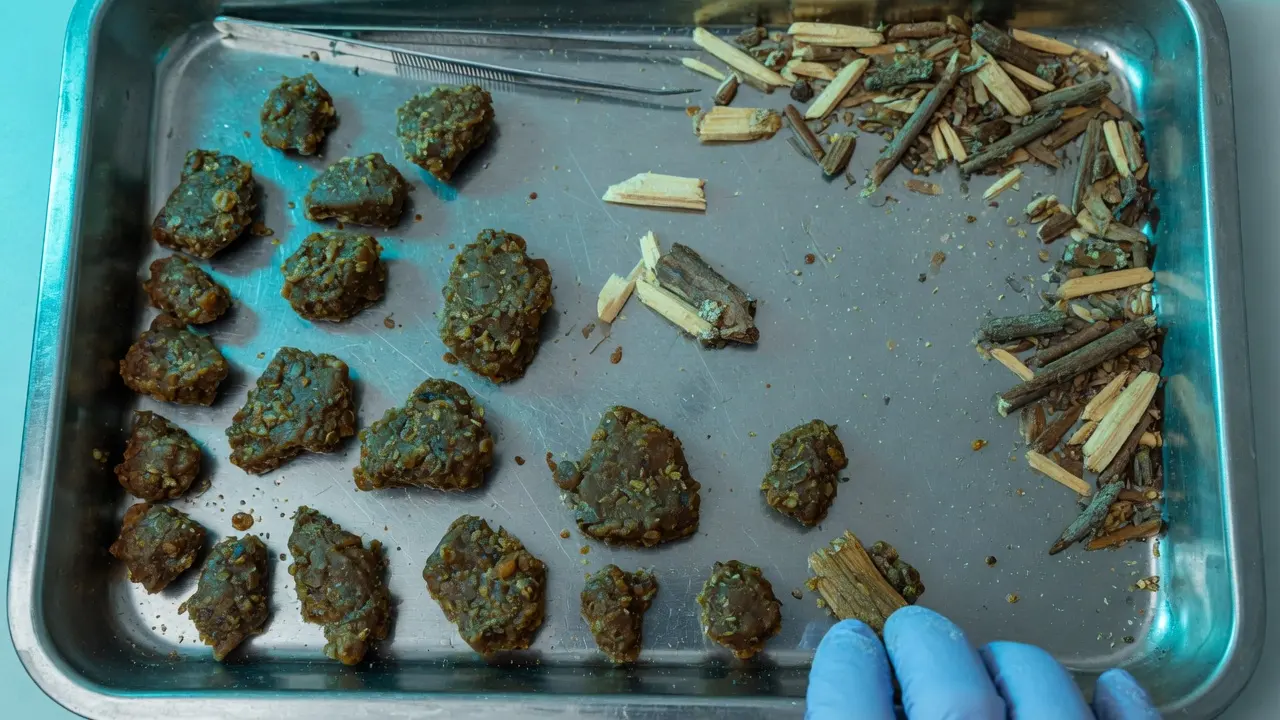 分选台上的粗蜂胶与木屑