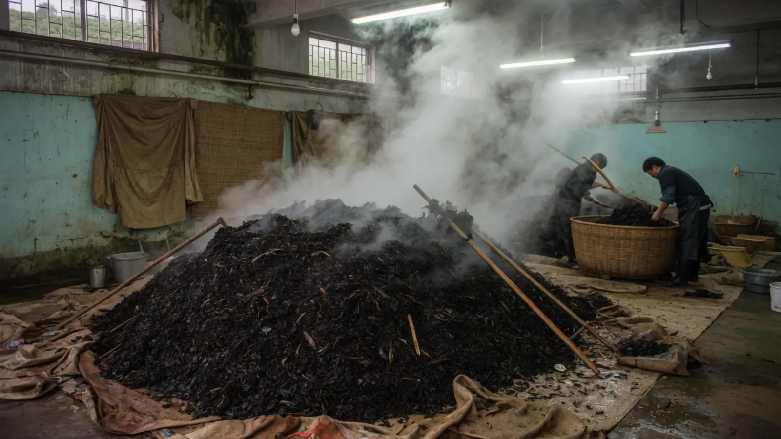 勐海车间渥堆中的普洱茶堆