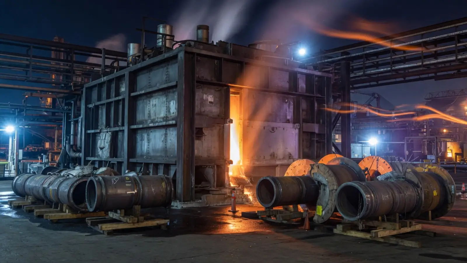 夜间消应炉：炉门橙光，管段焊口在托架上等候进炉