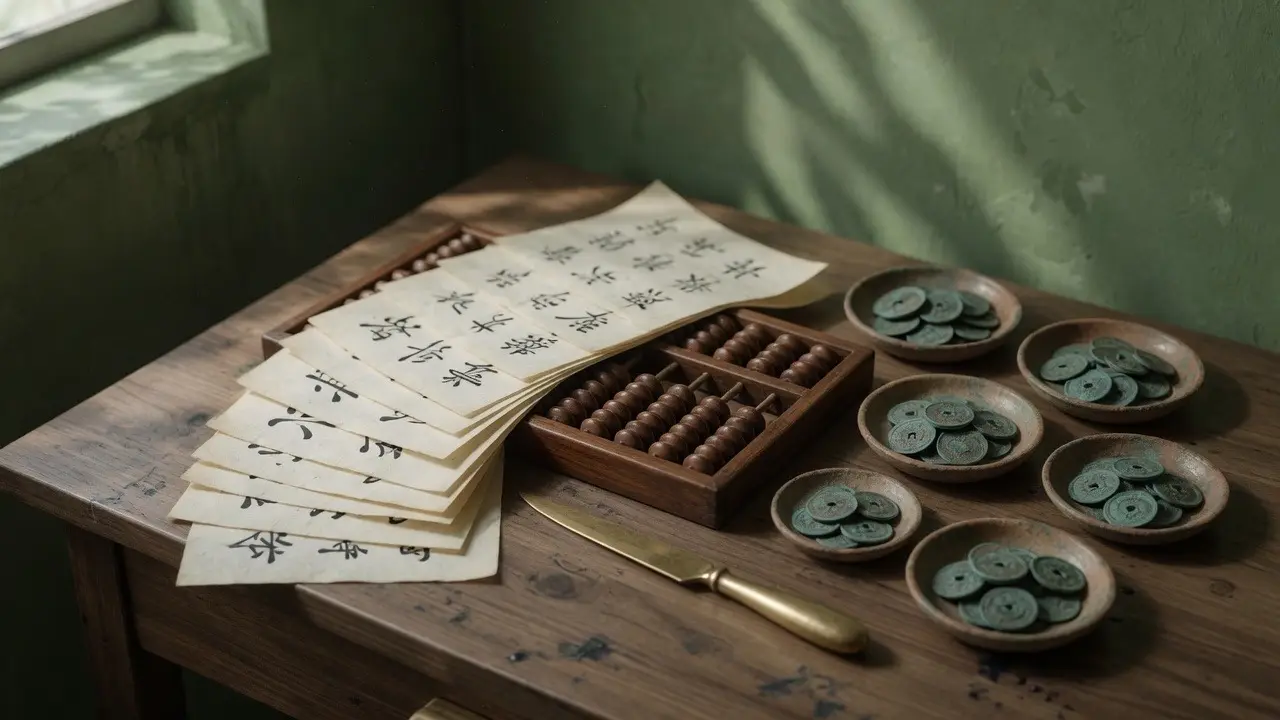 宣纸单据摊开在算盘上，铜钱分盛于若干陶碟