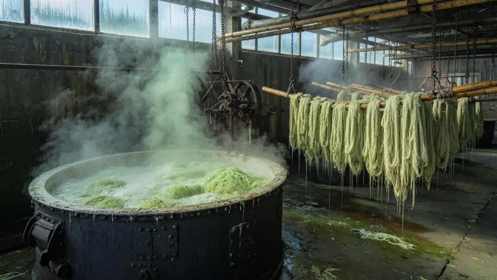 苎麻煮练车间：铁锅里灰绿色原麻在碱汽中翻涌，竹竿上挂着半脱胶的麻绞